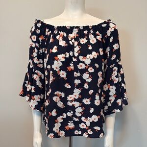 Bobeau Blue and Orange Floral Print Top with Ruffled 3/4 Sleeves PXL